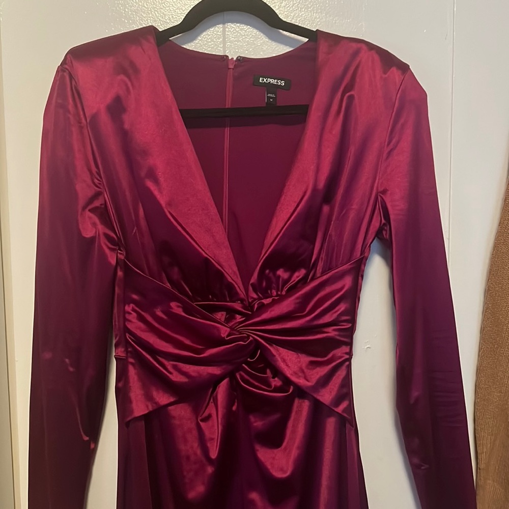 Express Satin Plunge V neck padded shoulder twist front maxi dress.